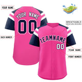 Custom Pink Navy Contrast Raglan Sleeves Authentic Baseball Jersey