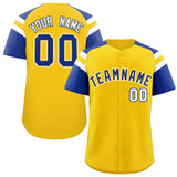 Custom Gold Royal Contrast Raglan Sleeves Authentic Baseball Jersey