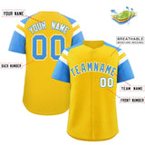 Custom Gold Powder Blue Contrast Raglan Sleeves Authentic Baseball Jersey