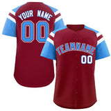 Custom Crimson Powder Blue Contrast Raglan Sleeves Authentic Baseball Jersey