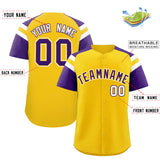 Custom Gold Purple Contrast Raglan Sleeves Authentic Baseball Jersey
