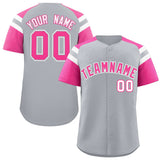 Custom Silver Pink Contrast Raglan Sleeves Authentic Baseball Jersey