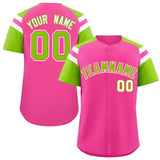 Custom Pink Neon Green Contrast Raglan Sleeves Authentic Baseball Jersey