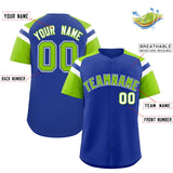 Custom Royal Neon Green Contrast Raglan Sleeves Authentic Baseball Jersey