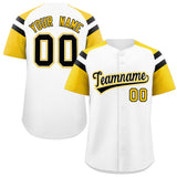 Custom White Gold Contrast Raglan Sleeves Authentic Baseball Jersey