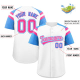 Custom White Powder Blue Contrast Raglan Sleeves Authentic Baseball Jersey