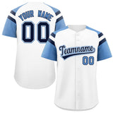 Custom White Light Blue Contrast Raglan Sleeves Authentic Baseball Jersey