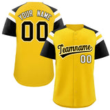 Custom Gold Black Contrast Raglan Sleeves Authentic Baseball Jersey