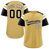 Custom Old Gold Black Contrast Raglan Sleeves Authentic Baseball Jersey