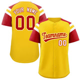 Custom Gold Red Contrast Raglan Sleeves Authentic Baseball Jersey