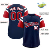 Custom Navy Red Contrast Raglan Sleeves Authentic Baseball Jersey