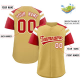 Custom Old Gold Red Contrast Raglan Sleeves Authentic Baseball Jersey