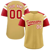 Custom Old Gold Red Contrast Raglan Sleeves Authentic Baseball Jersey