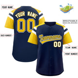 Custom Navy Gold Contrast Raglan Sleeves Authentic Baseball Jersey