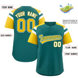 Custom Aqua Gold Contrast Raglan Sleeves Authentic Baseball Jersey