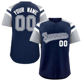 Custom Navy Silver Contrast Raglan Sleeves Authentic Baseball Jersey