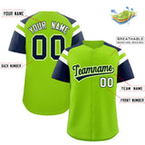 Custom Neon Green Navy Contrast Raglan Sleeves Authentic Baseball Jersey