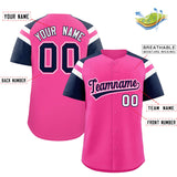 Custom Pink Navy Contrast Raglan Sleeves Authentic Baseball Jersey