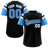 Custom Black Powder Blue Contrast Raglan Sleeves Authentic Baseball Jersey