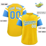Custom Gold Powder Blue Contrast Raglan Sleeves Authentic Baseball Jersey