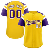 Custom Gold Purple Contrast Raglan Sleeves Authentic Baseball Jersey
