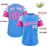 Custom Powder Blue Pink Contrast Raglan Sleeves Authentic Baseball Jersey