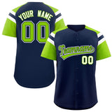Custom Navy Neon Green Contrast Raglan Sleeves Authentic Baseball Jersey