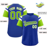 Custom Royal Neon Green Contrast Raglan Sleeves Authentic Baseball Jersey