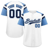 Custom White Light Blue Contrast Raglan Sleeves Authentic Baseball Jersey