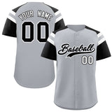 Custom Silver Black Contrast Raglan Sleeves Authentic Baseball Jersey