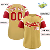 Custom Old Gold Red Contrast Raglan Sleeves Authentic Baseball Jersey