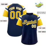 Custom Navy Gold Contrast Raglan Sleeves Authentic Baseball Jersey