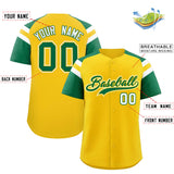 Custom Gold Kelly Green Contrast Raglan Sleeves Authentic Baseball Jersey