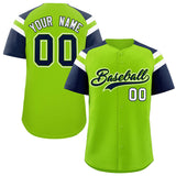 Custom Neon Green Navy Contrast Raglan Sleeves Authentic Baseball Jersey