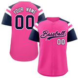 Custom Pink Navy Contrast Raglan Sleeves Authentic Baseball Jersey