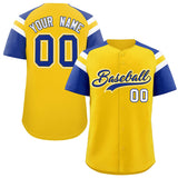 Custom Gold Royal Contrast Raglan Sleeves Authentic Baseball Jersey