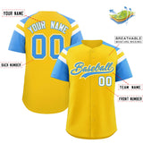 Custom Gold Powder Blue Contrast Raglan Sleeves Authentic Baseball Jersey