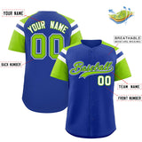 Custom Royal Neon Green Contrast Raglan Sleeves Authentic Baseball Jersey