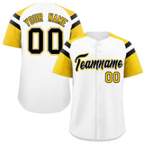 Custom White Gold Contrast Raglan Sleeves Authentic Baseball Jersey