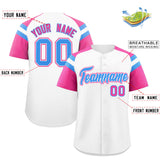 Custom White Pink Contrast Raglan Sleeves Authentic Baseball Jersey