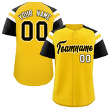 Custom Gold Black Contrast Raglan Sleeves Authentic Baseball Jersey
