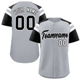 Custom Silver Black Contrast Raglan Sleeves Authentic Baseball Jersey