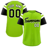 Custom Neon Green Black Contrast Raglan Sleeves Authentic Baseball Jersey