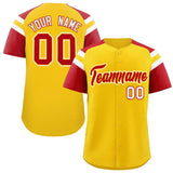 Custom Gold Red Contrast Raglan Sleeves Authentic Baseball Jersey