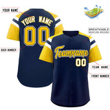 Custom Navy Gold Contrast Raglan Sleeves Authentic Baseball Jersey