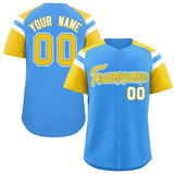 Custom Powder Blue Gold Contrast Raglan Sleeves Authentic Baseball Jersey