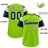 Custom Neon Green Navy Contrast Raglan Sleeves Authentic Baseball Jersey