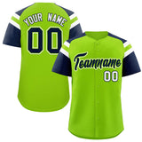 Custom Neon Green Navy Contrast Raglan Sleeves Authentic Baseball Jersey