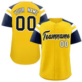 Custom Gold Navy Contrast Raglan Sleeves Authentic Baseball Jersey