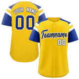 Custom Gold Royal Contrast Raglan Sleeves Authentic Baseball Jersey